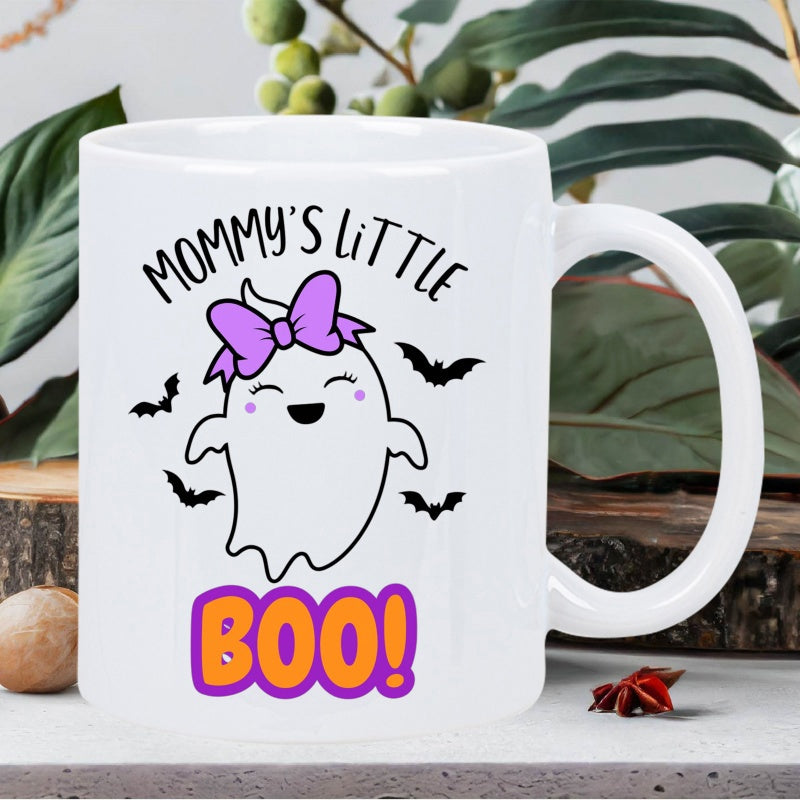Tailorly White Ceramic 11 oz Mug - Mommy Little Boo Friendly Smiling White Ghost Wearing Purple Bow Among Flying Bats Ghost