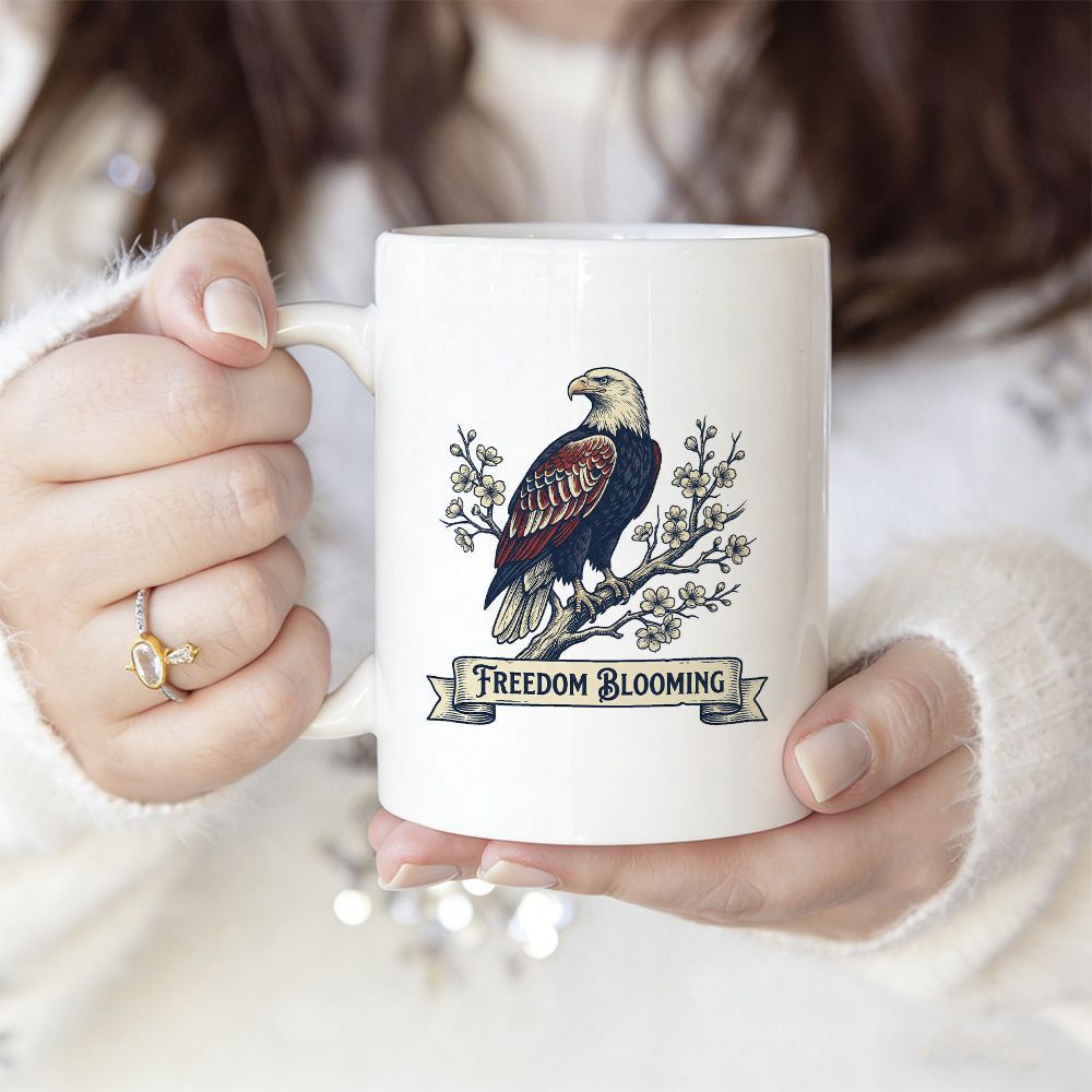 Tailorly White Ceramic 11 oz Mug - Freedom Blooming Majestic Bald Eagle Perched On A Branch Among Delicate White Blossoms Eagle