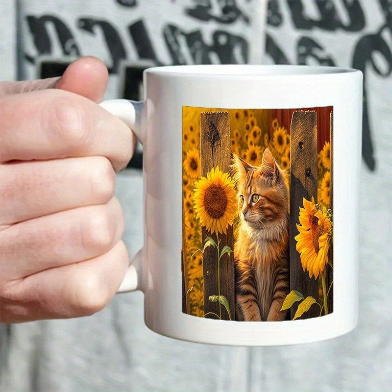 Tailorly White Ceramic 11 oz Mug - Charming Ginger Kitten Sitting Among Vibrant Blooming Sunflowers Beside A Rustic Fence Cat
