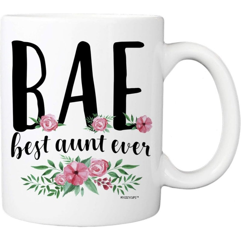 Tailorly White Ceramic 11 oz Mug - Bae Best Aunt Ever Elegant Pink Roses With Green Leaves And Artistic Handwritten Script Lettering Floral Design