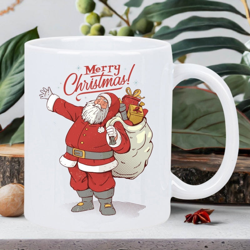 Tailorly White Ceramic 11 oz Mug - Merry Christmas Jolly Festive Figure Waving While Carrying Large Sack Full Of Gifts Santa Claus