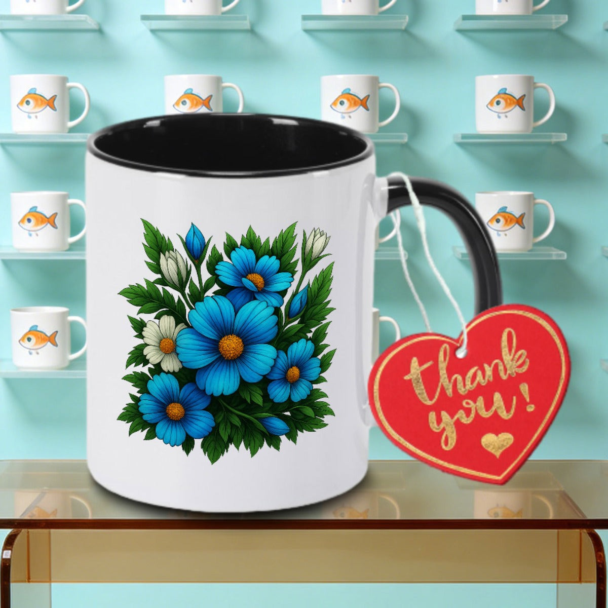 Tailorly Black Accent 11 oz Mug - Blue flowers