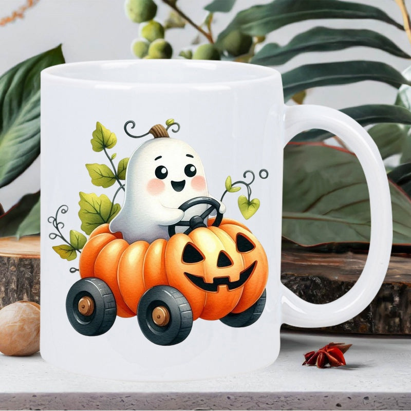 Tailorly White Ceramic 11 oz Mug - Adorable White Ghost Driving A Carved Orange Halloween Jack O Lantern Pumpkin