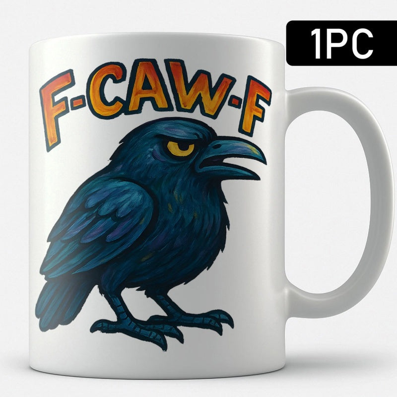 Tailorly White Ceramic 11 oz Mug - F Caw F Dark Feathers Grumpy Expression Sharp Beak Standing Alert On White Surface Crow