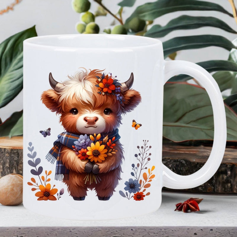 Tailorly White Ceramic 11 oz Mug - Adorable Furry Highland Calf Wearing Plaid Scarf Holding Autumn Flowers Cow