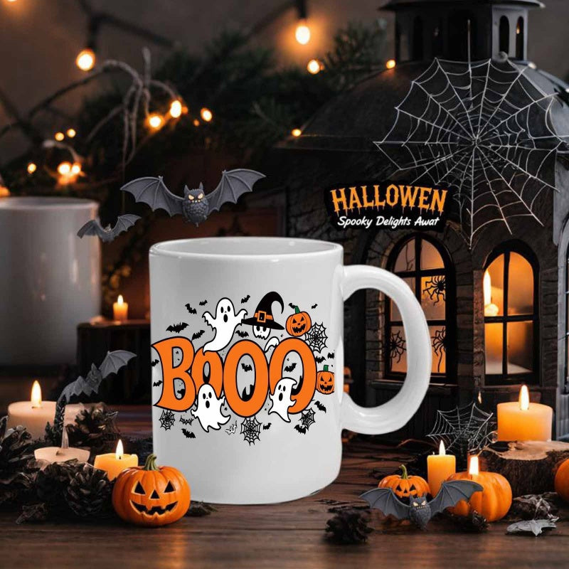 Tailorly White Ceramic 11 oz Mug - Booo Cute White Ghosts Dancing Around Carved Pumpkins Under A Witch Hat Mug