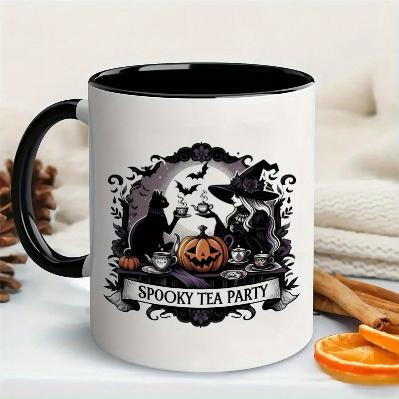 Tailorly Black Accent 11 oz Mug - spooky tea party halloween witch pumpkin and bat