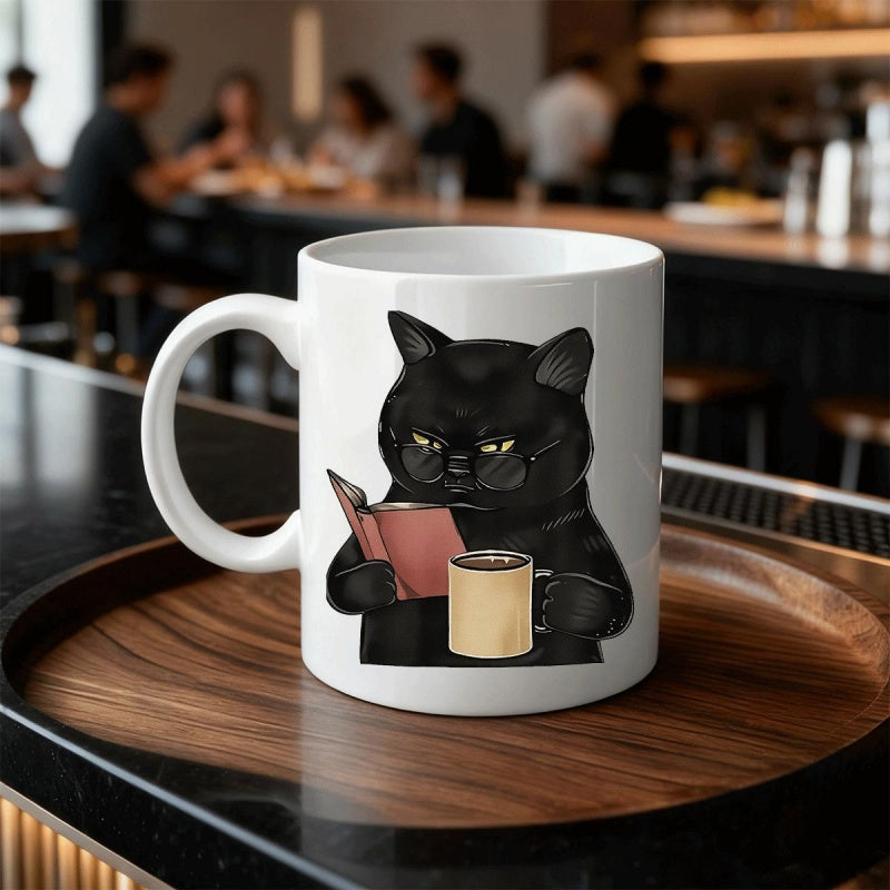 Tailorly White Ceramic 11 oz Mug - Smart Intellectual Black Cat Reading Pink Book With Small Coffee Cup Cat