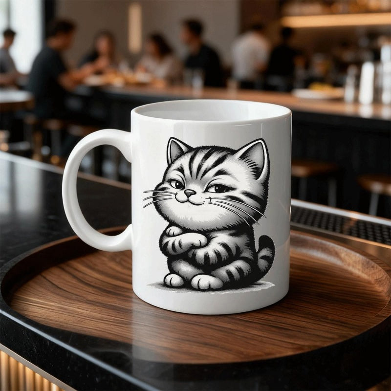 Tailorly White Ceramic 11 oz Mug - Playful Hand Drawn Style Black And White Striped Tabby With Folded Paws Cat