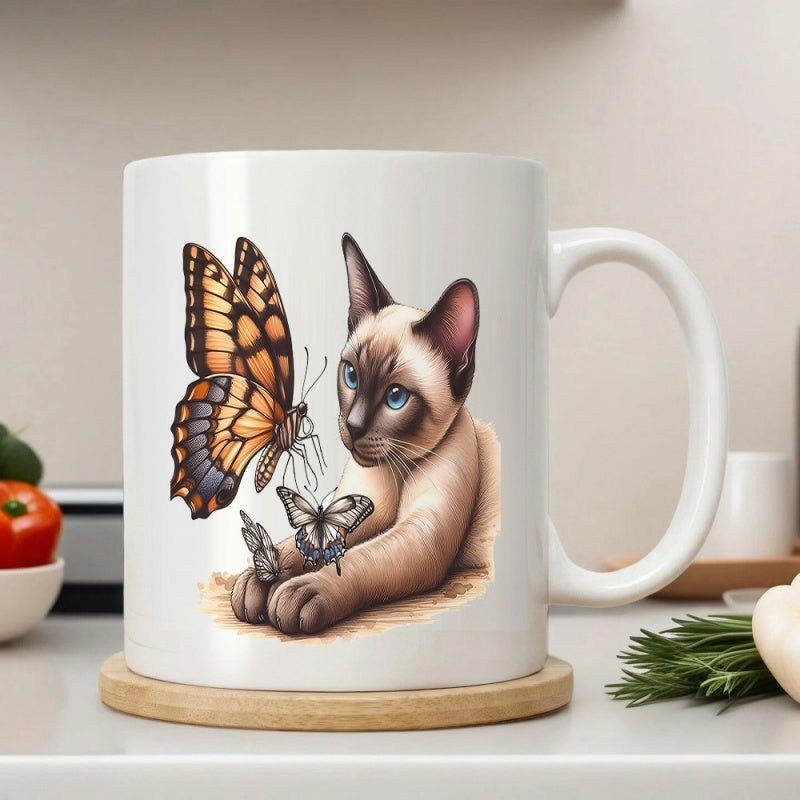 Tailorly White Ceramic 11 oz Mug - Graceful Siamese Cat Watching Vibrant Butterflies Fluttering In A Peaceful Moment Cat