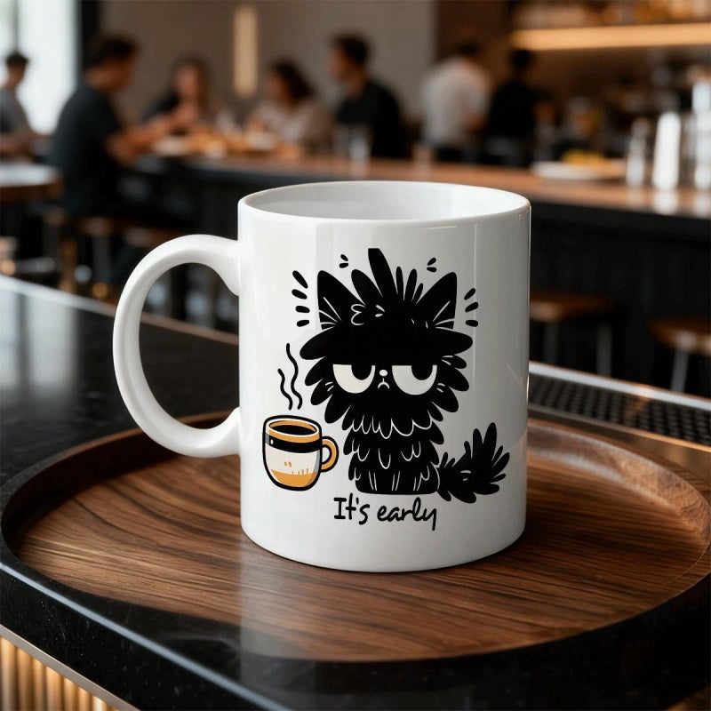 Tailorly White Ceramic 11 oz Mug - It's Early Messy Haired Grumpy Cartoon Feline Holding Steaming Cup Of Coffee Cat