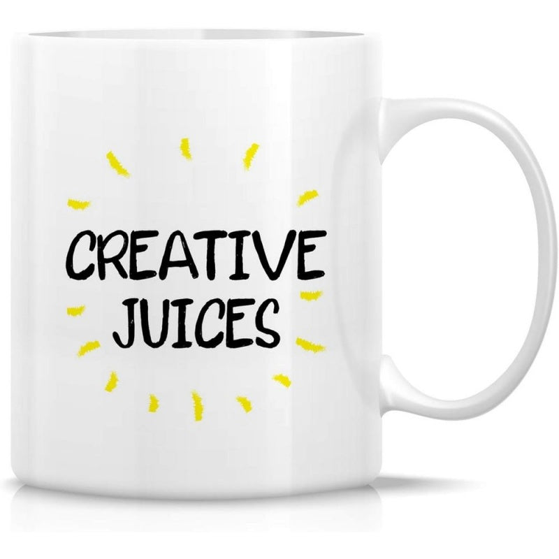 Tailorly White Ceramic 11 oz Mug - Creative Juices Bright Yellow Burst Patterns Radiating Around Handwritten Text On