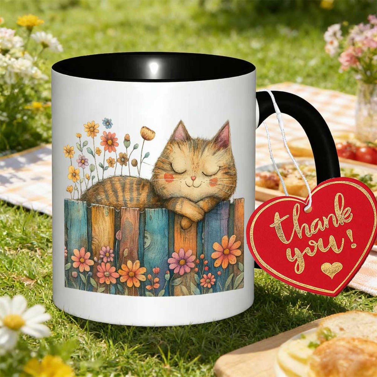 Tailorly Black Accent 11 oz Mug - hand drawn cats and flower