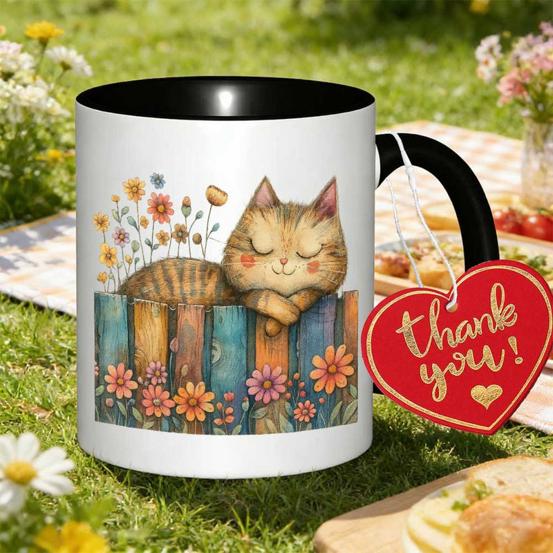 Tailorly Black Accent 11 oz Mug - hand drawn cats and flower