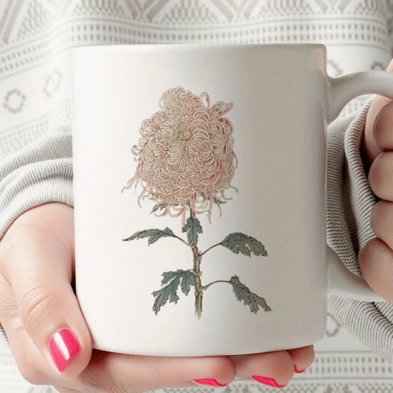Tailorly White Ceramic 11 oz Mug - Delicate Pink Petals With Elegant Green Leaves On A Vintage Botanical Chrysanthemum