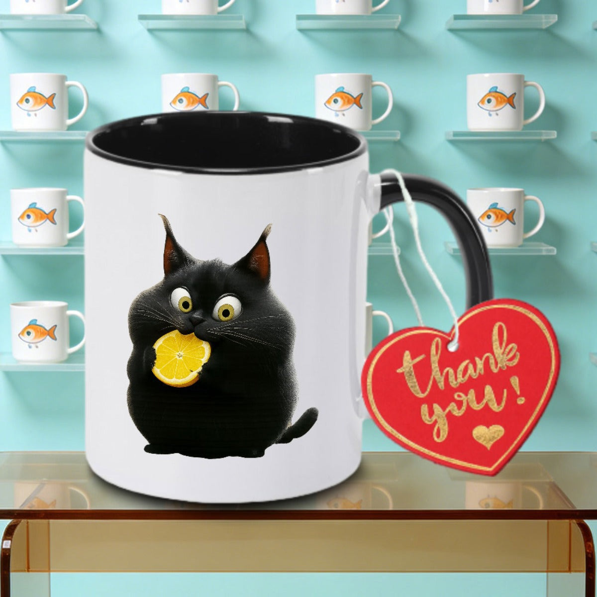 Tailorly Black Accent 11 oz Mug - A single whimsical lemon logo