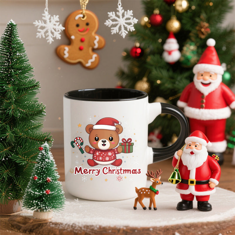 Tailorly Black Accent 11 oz Mug - cute bear in santa hat candy cane christmas design