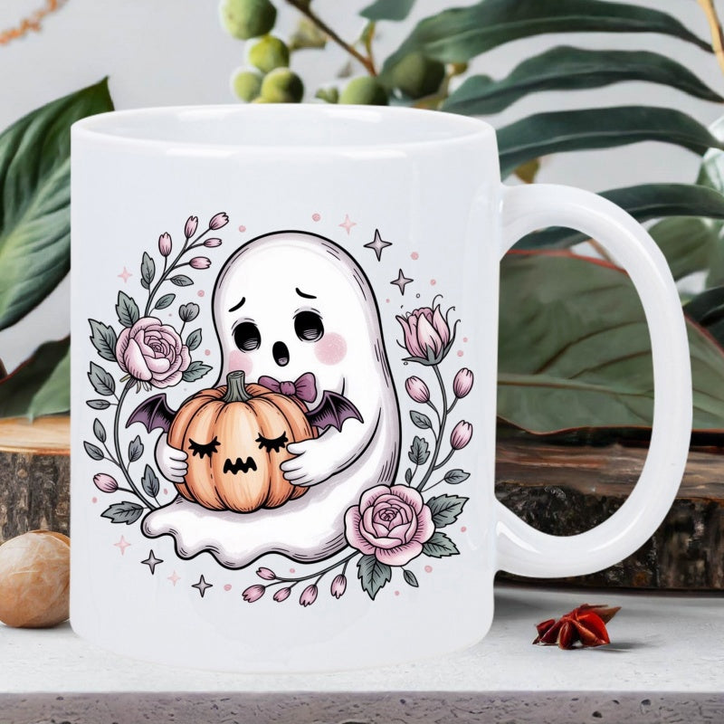 Tailorly White Ceramic 11 oz Mug - Adorable Cartoon White Spirit Holding Bat Winged Halloween Pumpkin Among Pink Roses Ghost