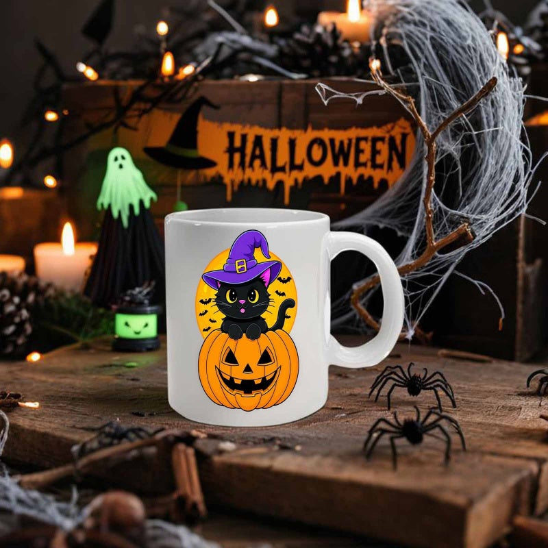 Tailorly White Ceramic 11 oz Mug - Adorable Black Cat Wearing Purple Witch Hat Inside Carved Glowing Pumpkin Cat