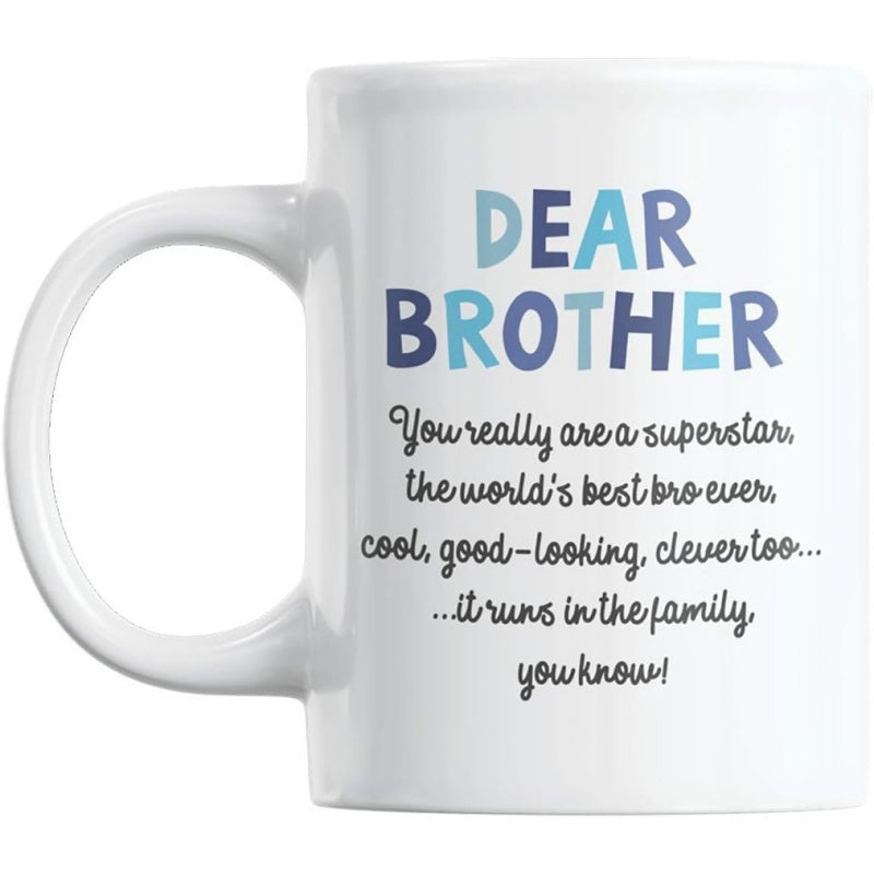Tailorly White Ceramic 11 oz Mug - Dear Brother Minimalist White Ceramic Body With Sentimental Blue And Black Script Typography Mug