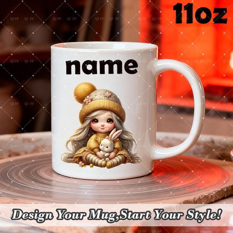 Tailorly White Ceramic 11 oz Mug - Name Sweet Little Girl In Yellow Beanie Hugging Small White Rabbit Girl