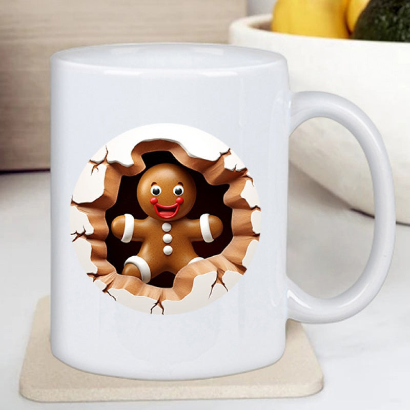 Tailorly White Ceramic 11 oz Mug - Smiling Festive Holiday Cookie Character Peeking From Cracked Wall Gingerbread Man