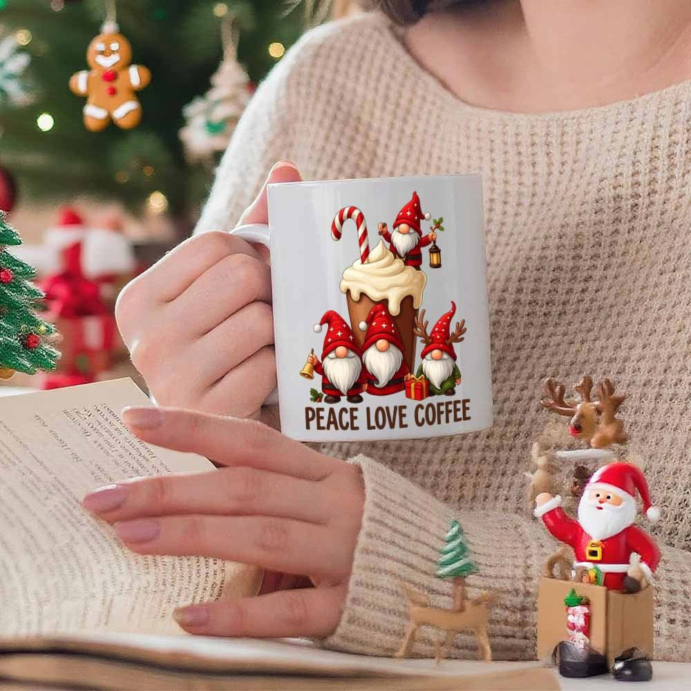 Tailorly White Ceramic 11 oz Mug - Peace Love Coffee Festive Christmas Gnomes Gathered Around Delicious Creamy Hot Cocoa With Candy Cane Gnome