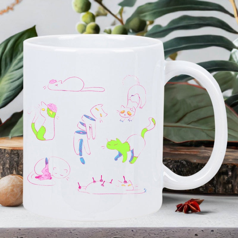 Tailorly White Ceramic 11 oz Mug - Minimalist Line Art Featuring Playful Stylized Cats In Various Whimsical Poses Cat