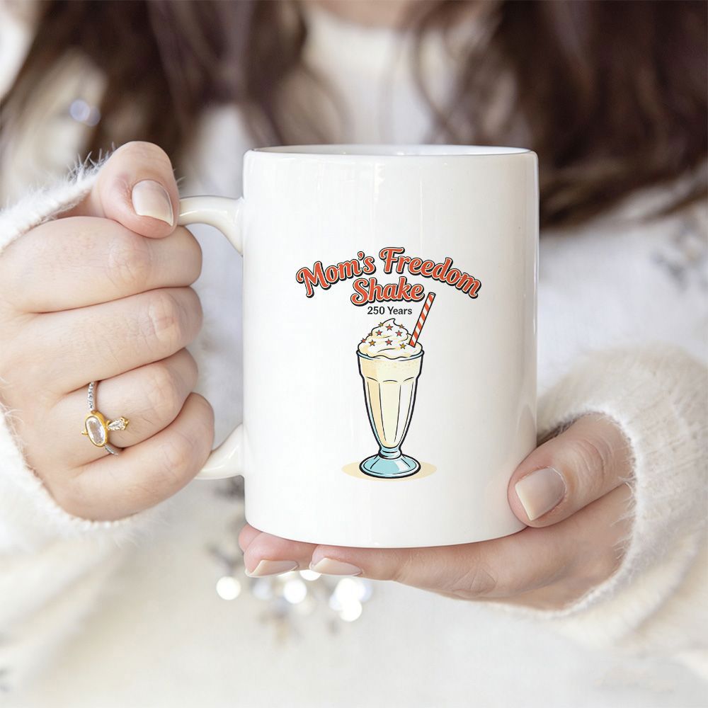 Tailorly White Ceramic 11 oz Mug - Nanas Freedom Shake Est 1776 Retro Style Tall Glass With Creamy Whipped Topping And Striped Straw Milkshake