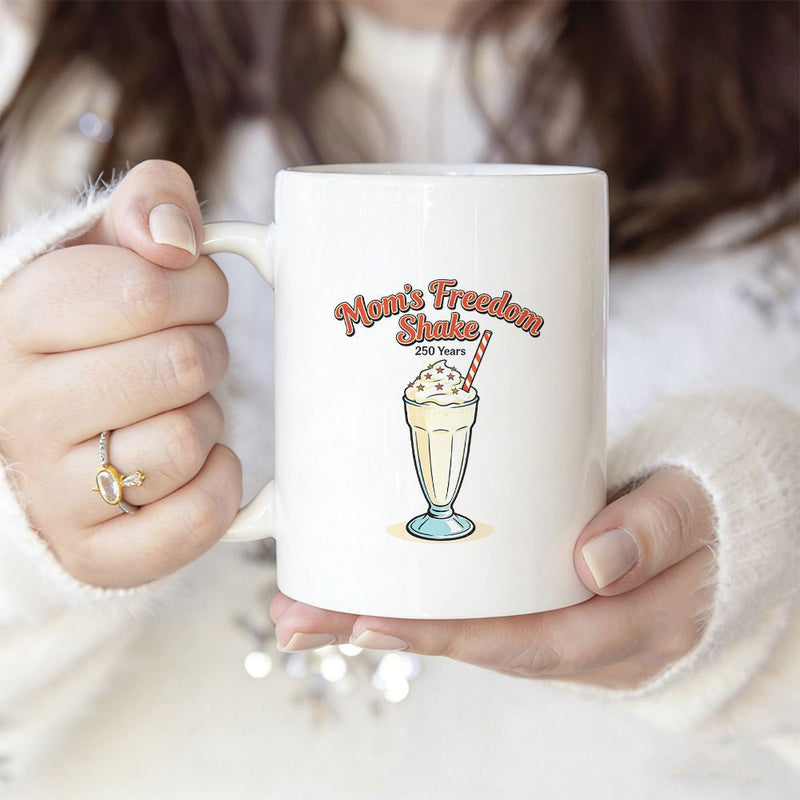 Tailorly White Ceramic 11 oz Mug - Nanas Freedom Shake Est 1776 Retro Style Tall Glass With Creamy Whipped Topping And Striped Straw Milkshake