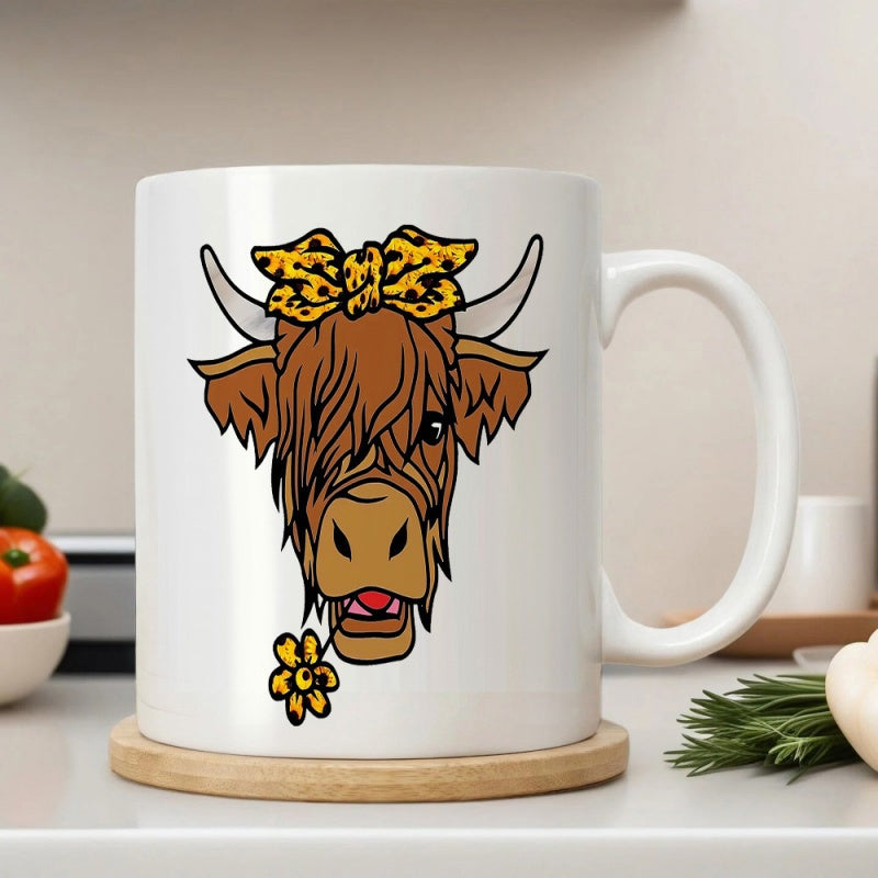 Tailorly White Ceramic 11 oz Mug - Rustic Brown Highland Cow Wearing Leopard Pattern Bow With Yellow Sunflower Cow