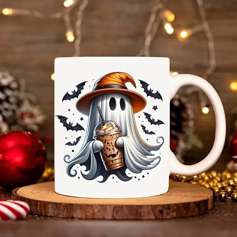 Tailorly White Ceramic 11 oz Mug - Friendly Wearing Orange Witch Hat Holding Spiced Coffee Among Small Flying Bats Ghost