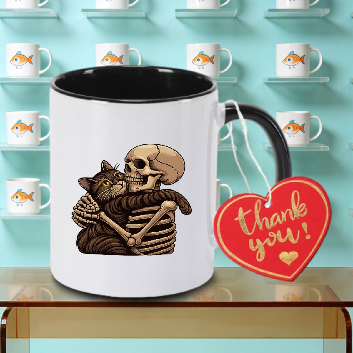 Tailorly Black Accent 11 oz Mug - Cat skeleton with Gothic style