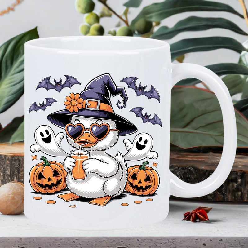 Tailorly White Ceramic 11 oz Mug - Cute Halloween Witch Wearing Heart Sunglasses Among Ghosts And Pumpkins Duck