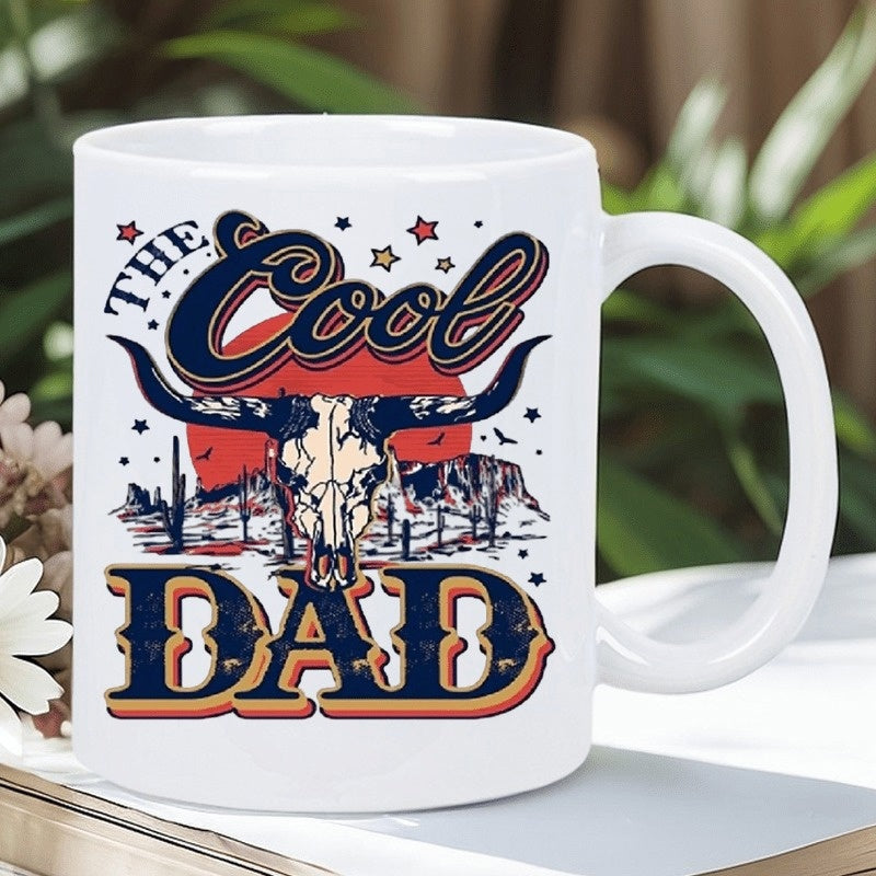 Tailorly White Ceramic 11 oz Mug - The Cool Dad Vintage Desert Landscape With Cacti And Red Sun Behind Longhorn Bull Skull