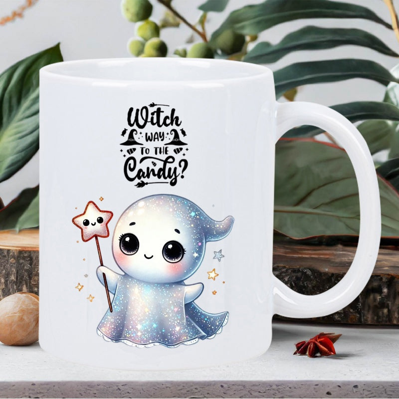 Tailorly White Ceramic 11 oz Mug - Witch Way To The Candy Cute Sparkling Tiny Ghost Holding A Magic Star Wand Ghost