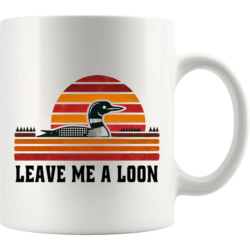 Tailorly White Ceramic 11 oz Mug - Leave Me A Loon Graceful Bird Swimming Before A Retro Striped Sunset Over Calm Waters Loon