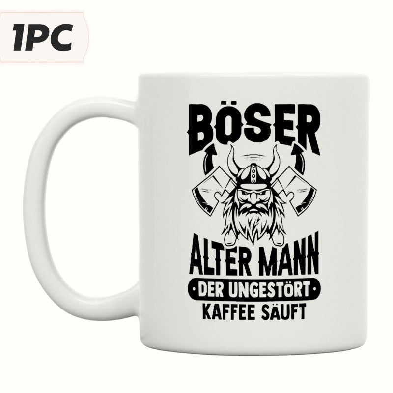 Tailorly White Ceramic 11 oz Mug - Strong Bearded Warrior Wearing Horned Helmet And Two Large Symmetrical Axes Viking