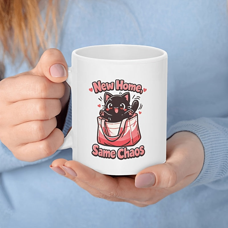 Tailorly White Ceramic 11 oz Mug - New Home Same Chaos Adorable Small Black Kitten Sitting Inside Pink Shopping Bag Cat