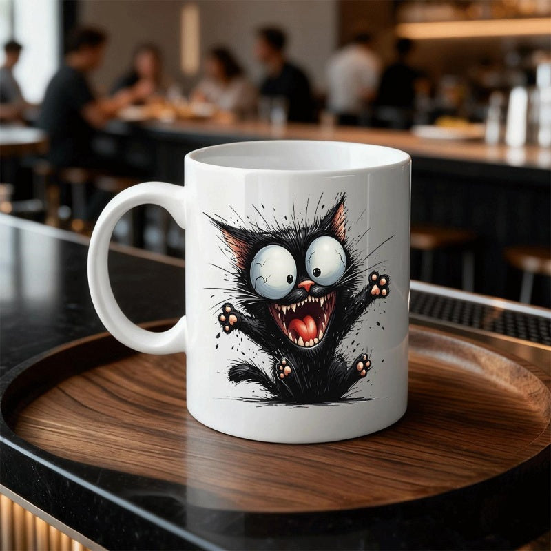 Tailorly White Ceramic 11 oz Mug - Expressive Manic Cartoon With Bulging Eyes And Messy Fur Black Cat