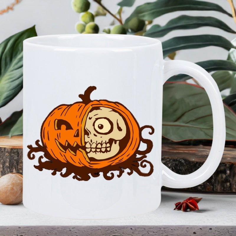 Tailorly White Ceramic 11 oz Mug - Spooky Halloween Carved Jack O Lantern Combined With Cartoon Skull Pumpkin