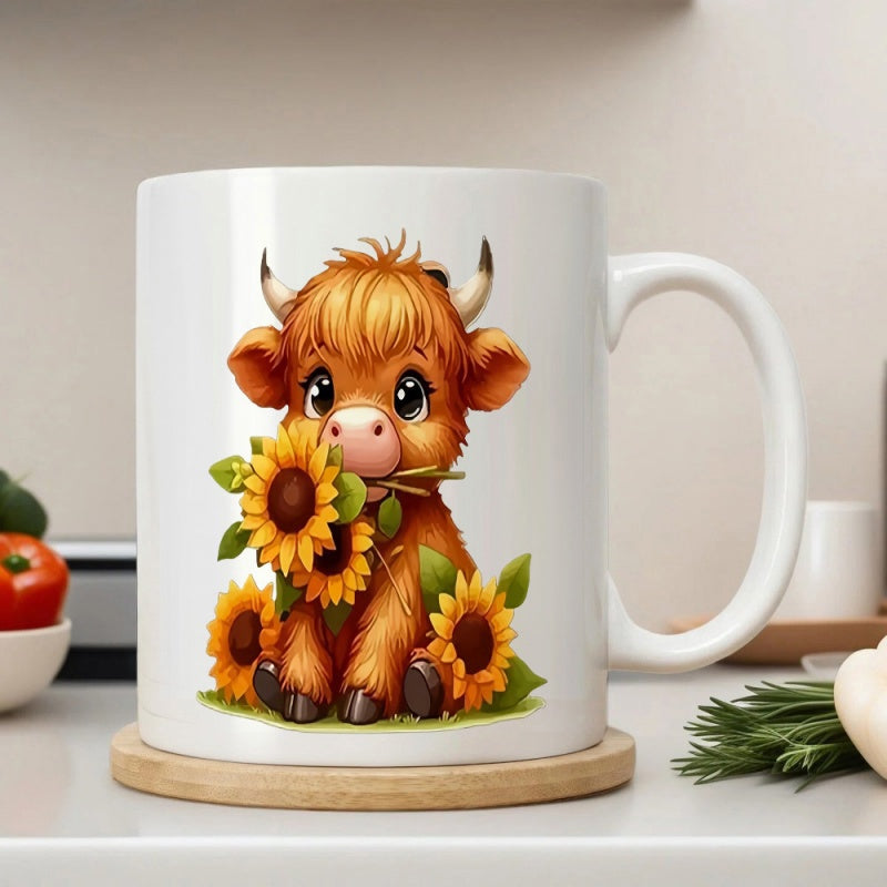 Tailorly White Ceramic 11 oz Mug - Adorable Fluffy Red Brown Highland Cow Holding Bright Yellow Sunflowers Highland Cow