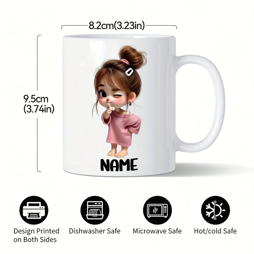Tailorly White Ceramic 11 oz Mug - Name Adorable Small Cartoon Character With Top Bun Wearing Pink Sweater Girl