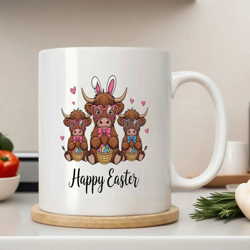 Tailorly White Ceramic 11 oz Mug - Happy Easter Adorable Fluffy Highland Cows Wearing Bunny Ears Carrying Baskets Cow