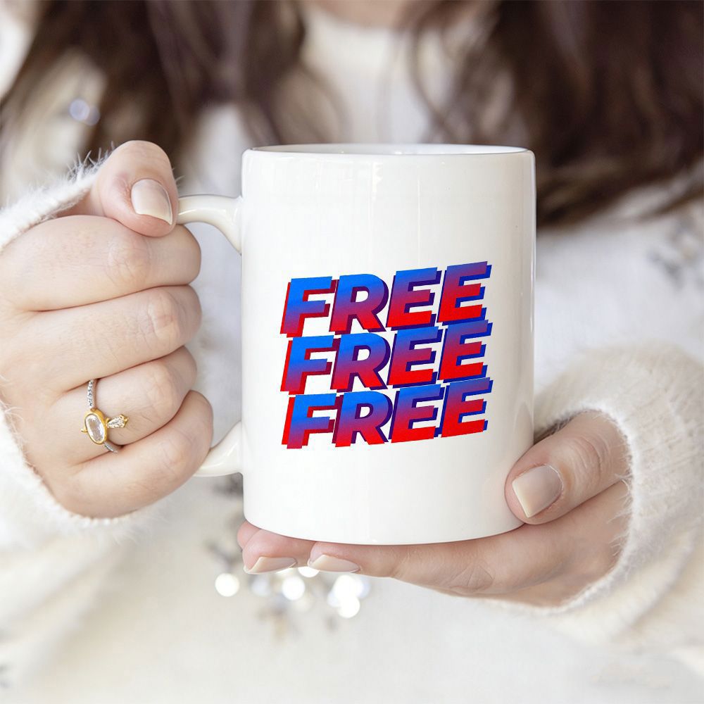 Tailorly White Ceramic 11 oz Mug - Free Free Free Bold Three Dimensional Letters With Vibrant Red And Blue Gradient Design