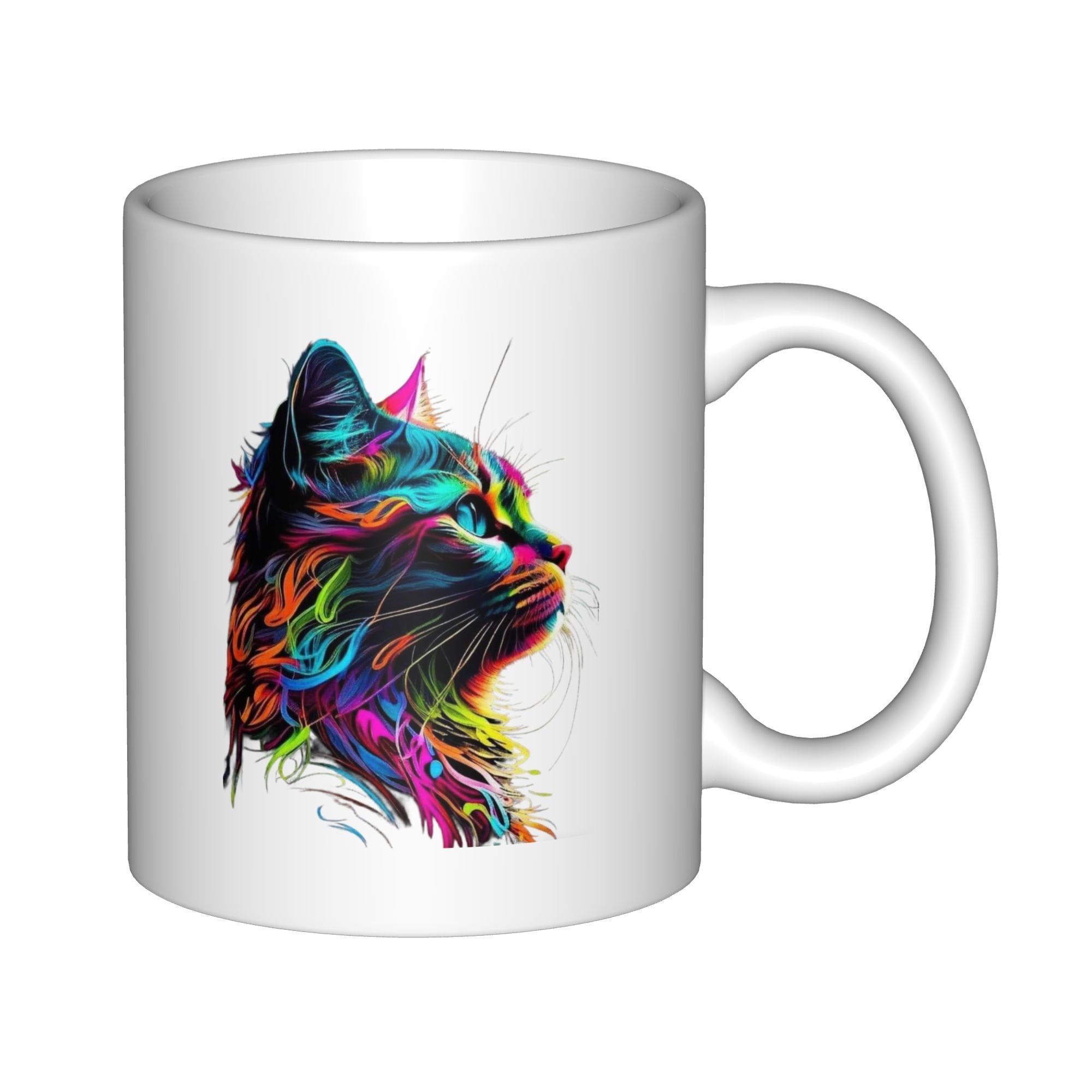 Tailorly White Ceramic 11 oz Mug - Artistic Colorful Abstract Rainbow Pattern Featuring Majestic Profile Gaze Cat