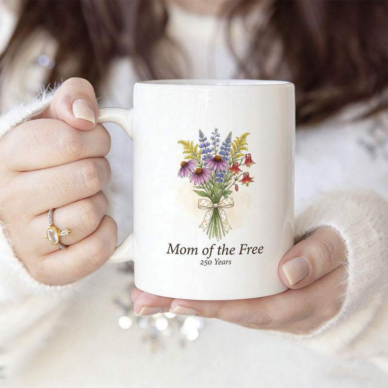 Tailorly White Ceramic 11 oz Mug - Mom Of The Free Vibrant Colorful Wildflowers Tied Together With A Simple String Delicate Bouquet