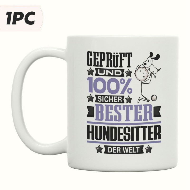 Tailorly White Ceramic 11 oz Mug - Minimalist Line Drawing Person Lifting Small Playful Puppy In The Air Dog