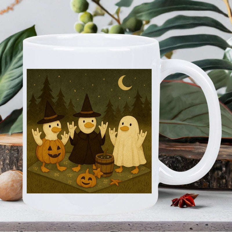 Tailorly White Ceramic 11 oz Mug - Spooky Halloween Night With Cute Ducks Dressed In Festive Costumes Ducks