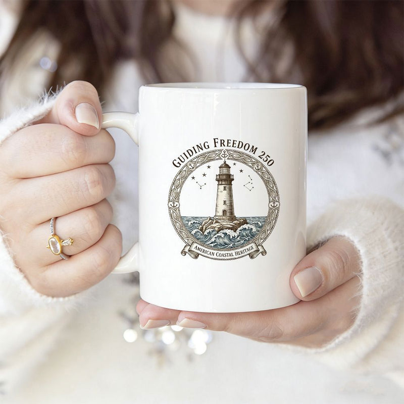 Tailorly White Ceramic 11 oz Mug - Guiding Freedom 250 American Liberty Harbor Majestic Coastal Scene With Crashing Waves And Stars Inside Circular Emblem